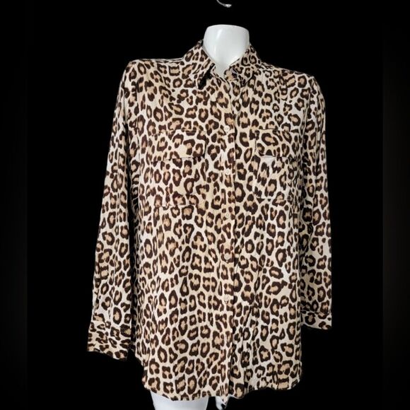 Chicos animal print long sleeves blouse size 1 beige brown Button up - Picture 3 of 6